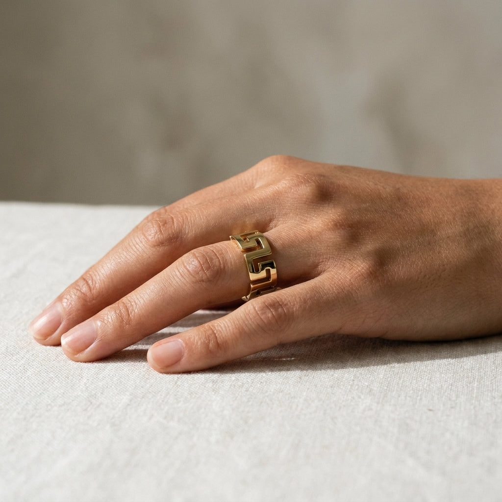 Unisex Geometric Greek Key Band Ring - Gold Tone in precious metal, on model