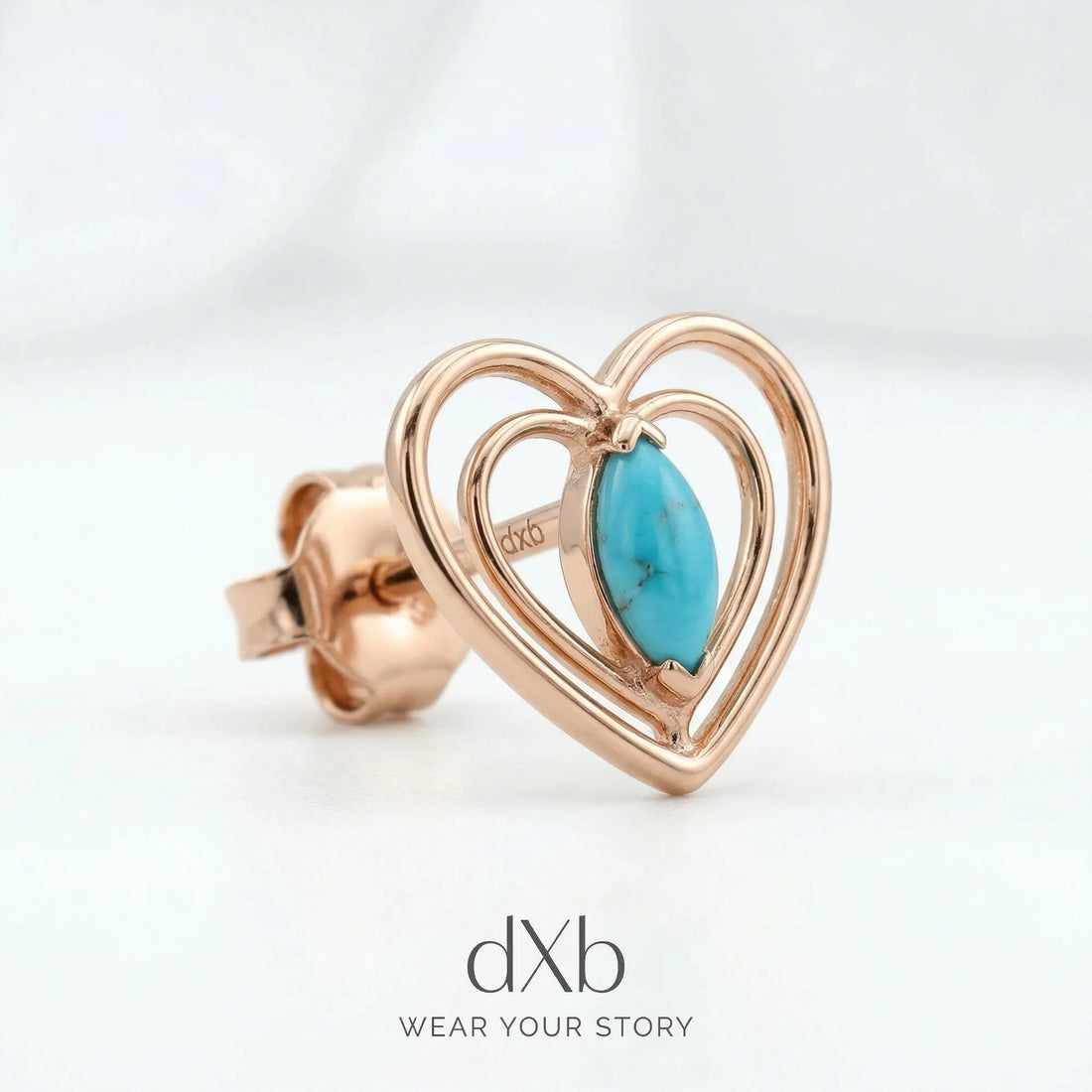 14k rose gold turquoise marquise heart motif, minimalist earring