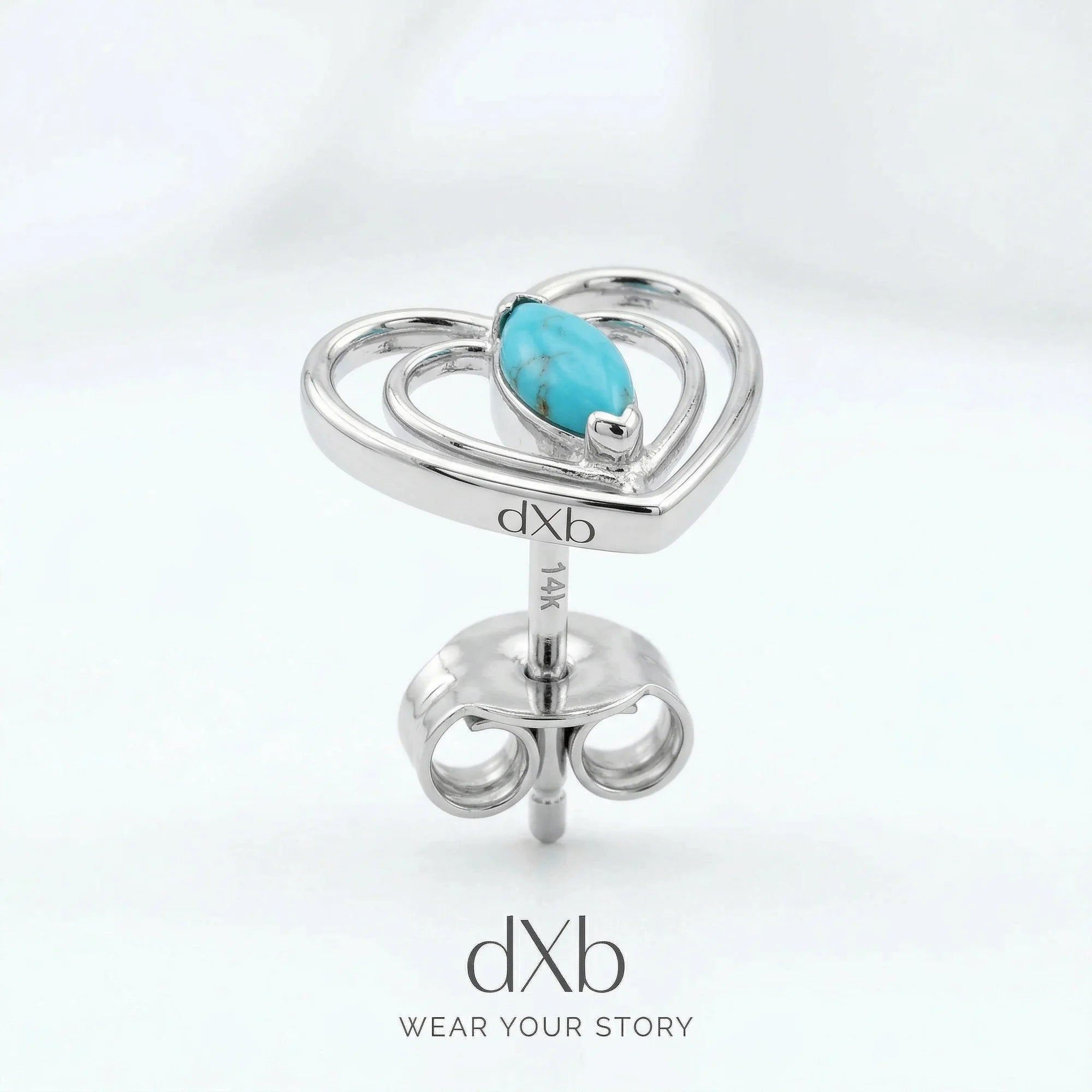 14k white gold turquoise marquise heart motif, minimalist earring