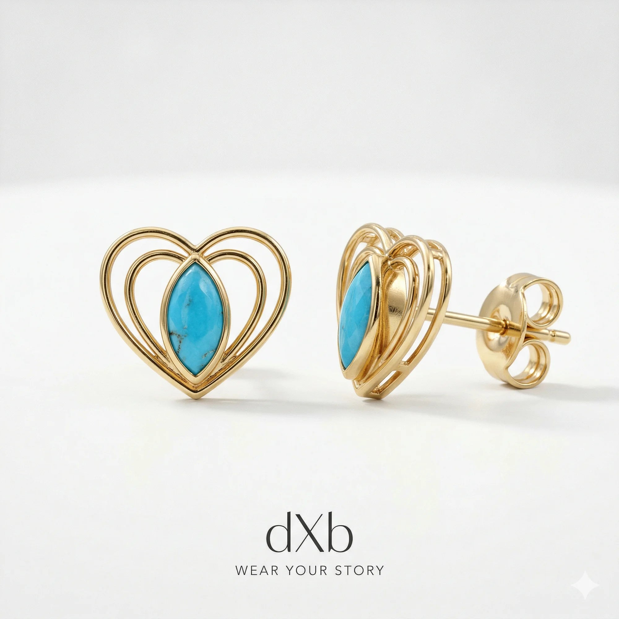 14k yellow gold turquoise marquise heart motif, minimalist earring