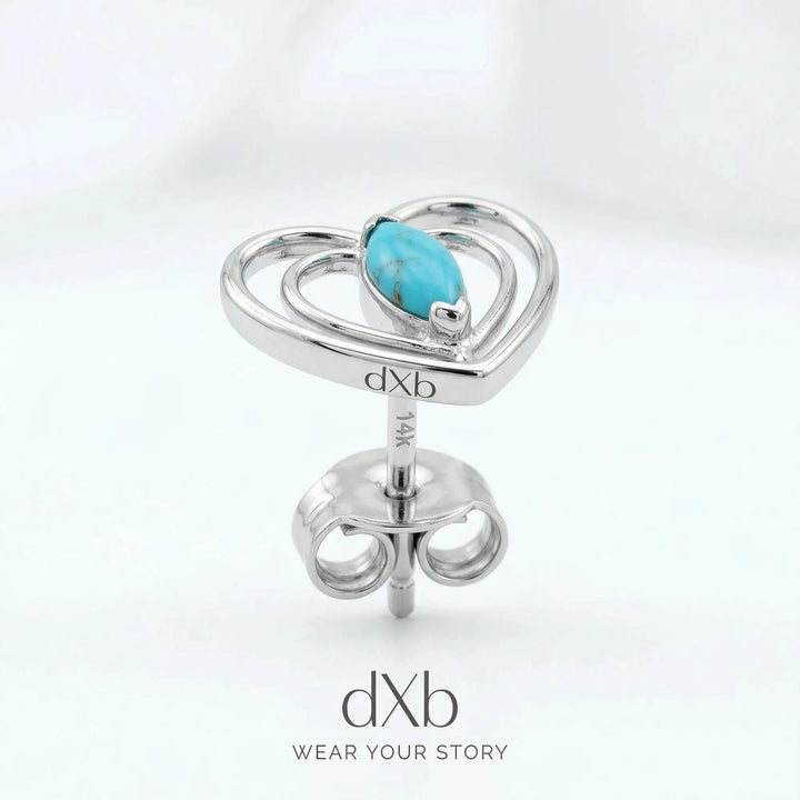 platinum turquoise marquise heart motif, minimalist earring
