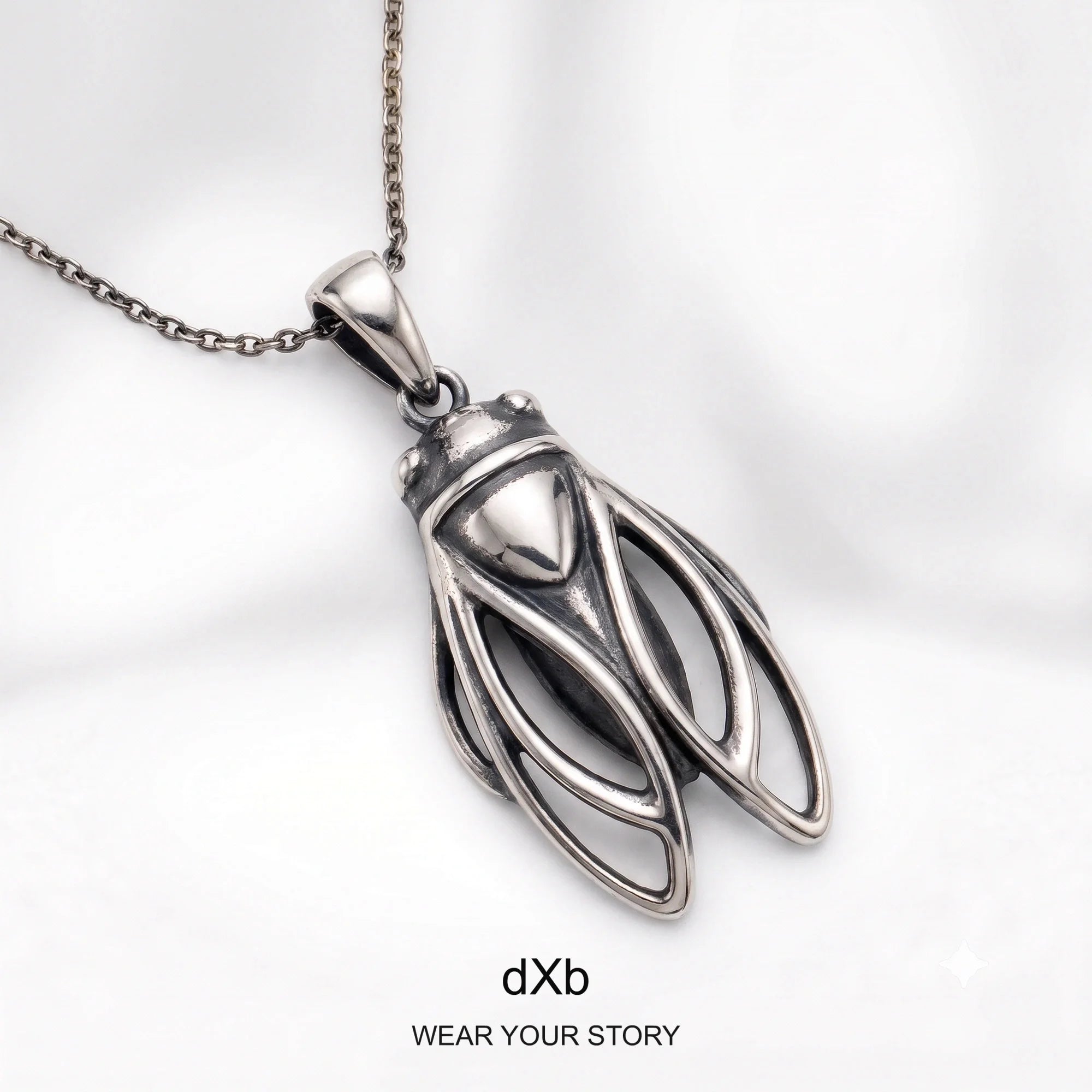 14k Gold & Platinum Cicada Pendant in High Polished Silver Oxidized, main view