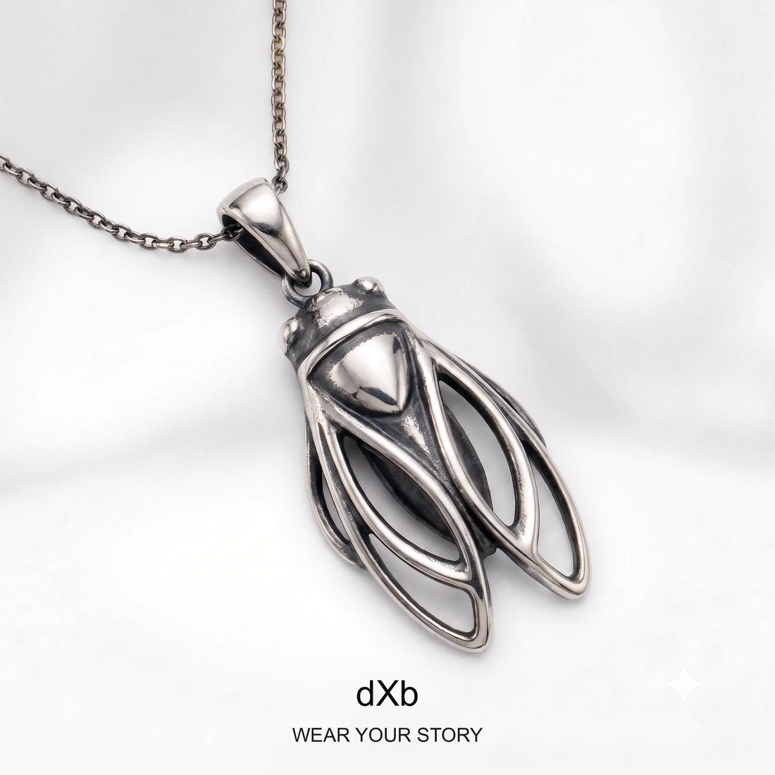 14k Gold & Platinum Cicada Pendant in High Polished Silver Oxidized, main view