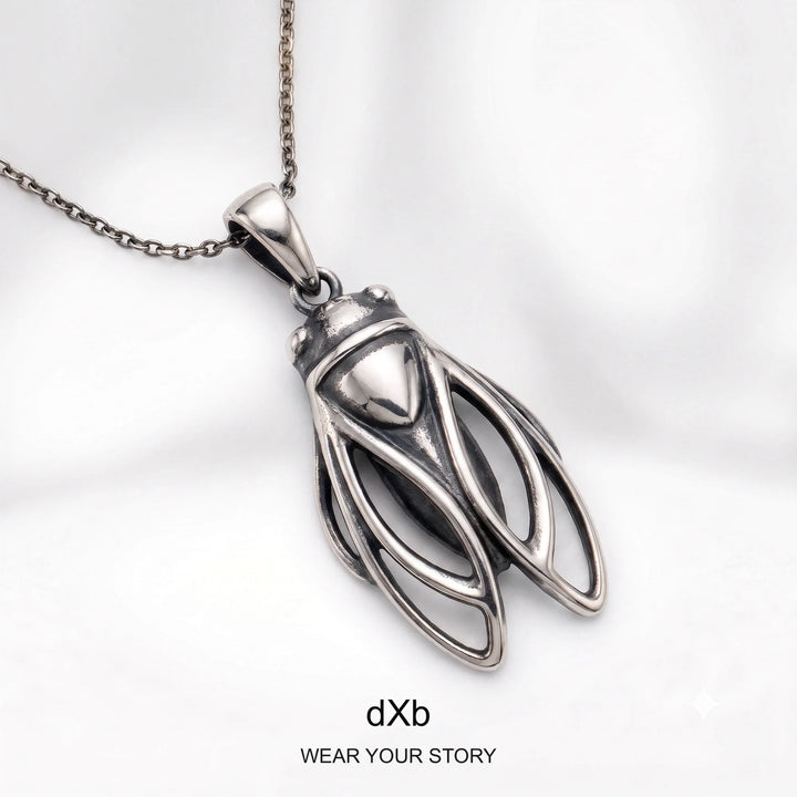 14k Gold & Platinum Cicada Pendant in High Polished Silver Oxidized, main view