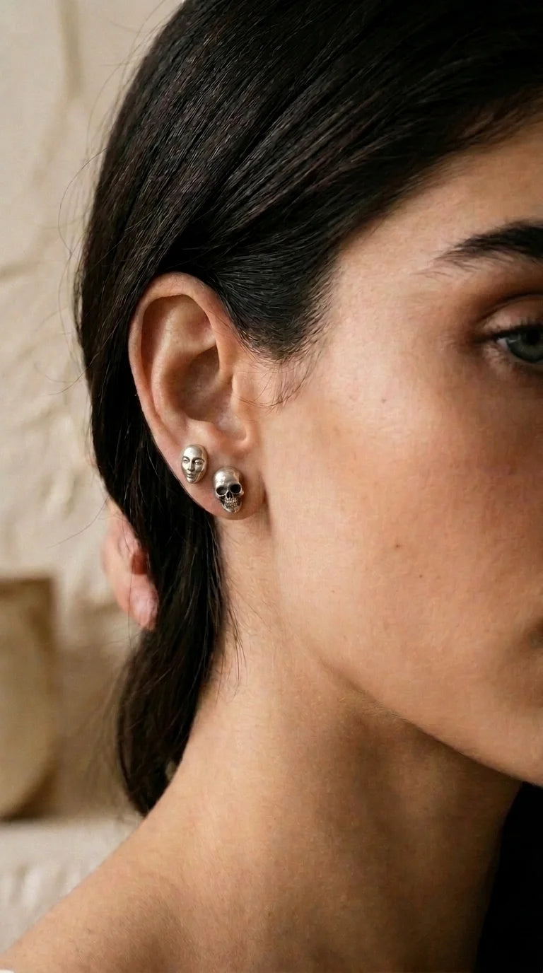 14k Gold Skull & Face Statement Stud Earrings in High Polished Silver Oxidized, main view