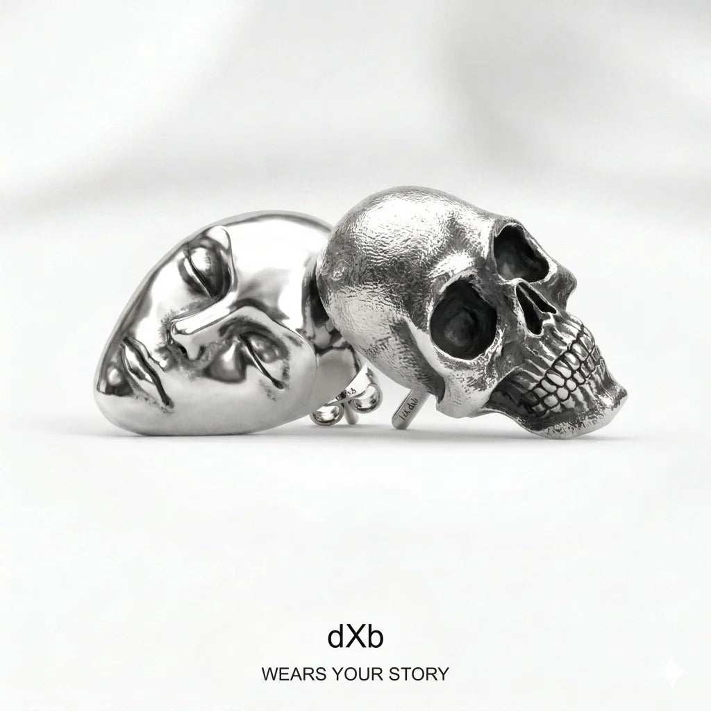 14k Gold Skull & Face Statement Stud Earrings in High Polished Silver Oxidized, main view (2)