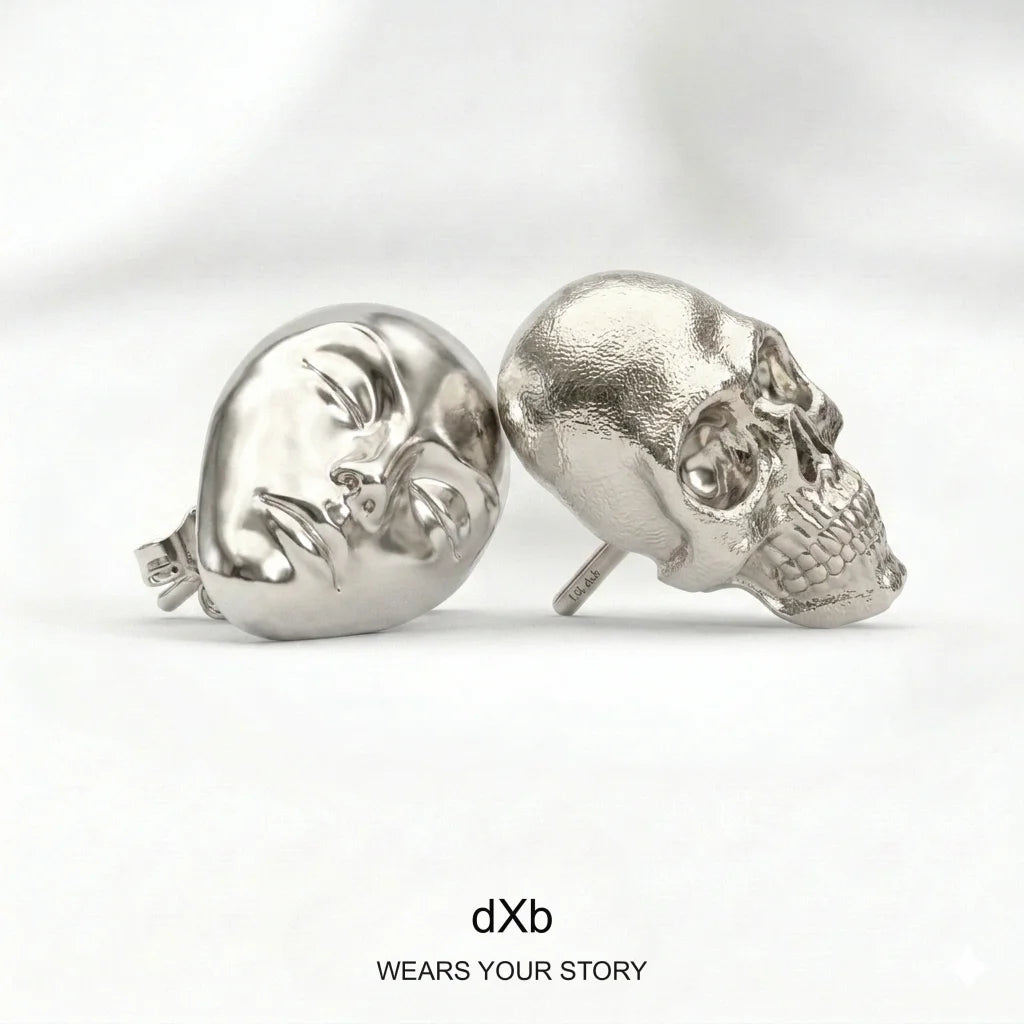 14k Gold Skull & Face Statement Stud Earrings in High Polished White Gold, S-curve leading-lines view