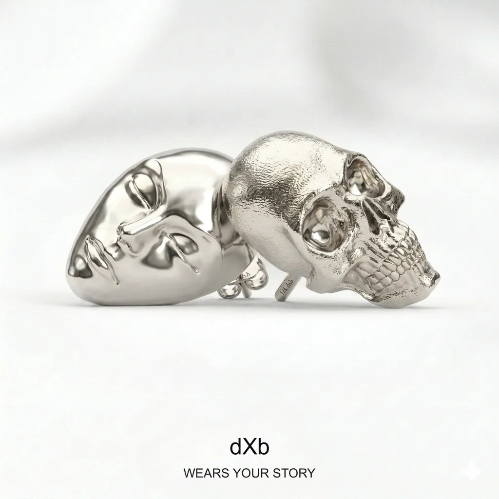 14k Gold Skull & Face Statement Stud Earrings in High Polished White Gold, main view