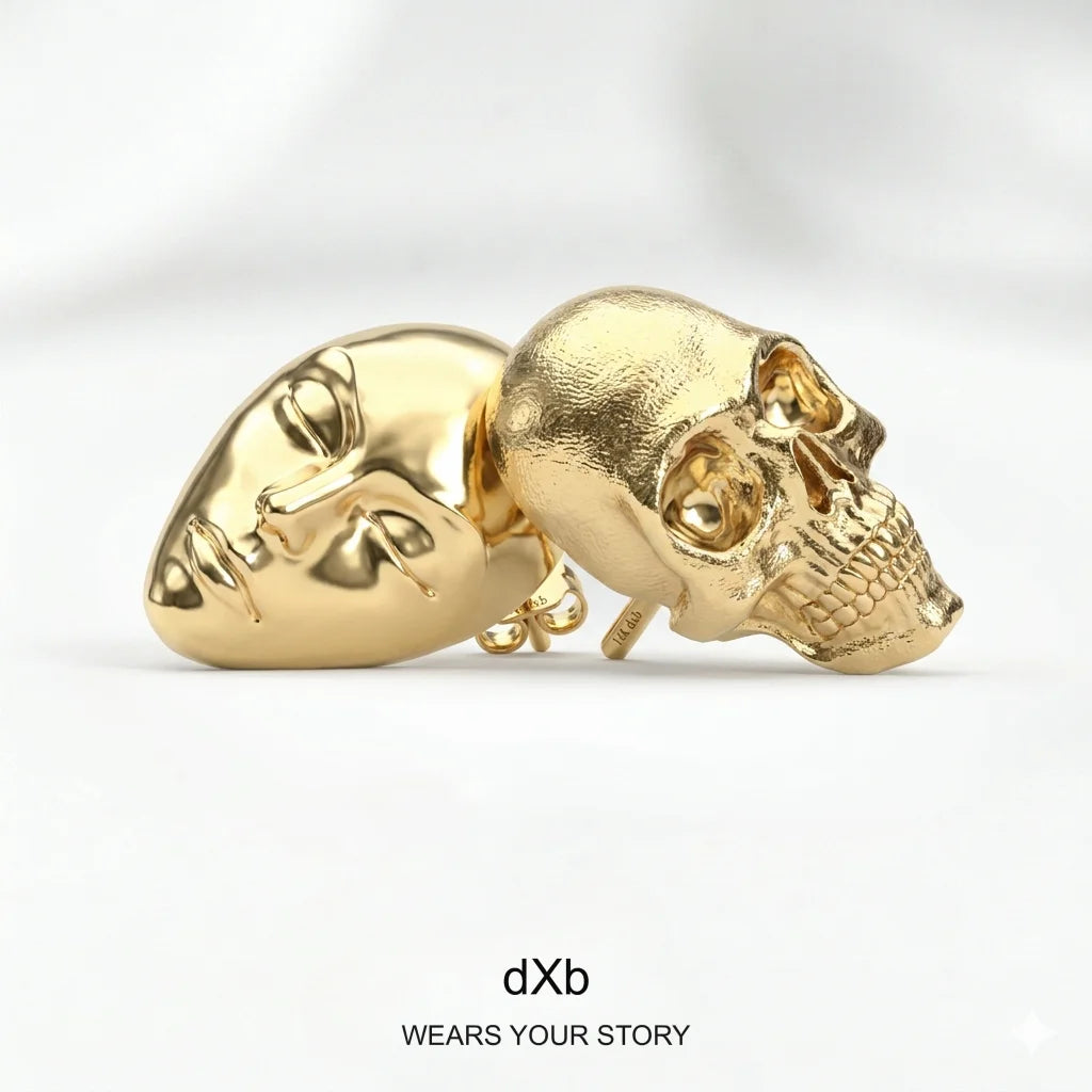 14k Gold Skull & Face Statement Stud Earrings in High Polished Yellow Gold, main view