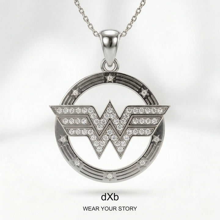 14k Gold Symbolic Diamond Pendant in High Polished Silver, main view