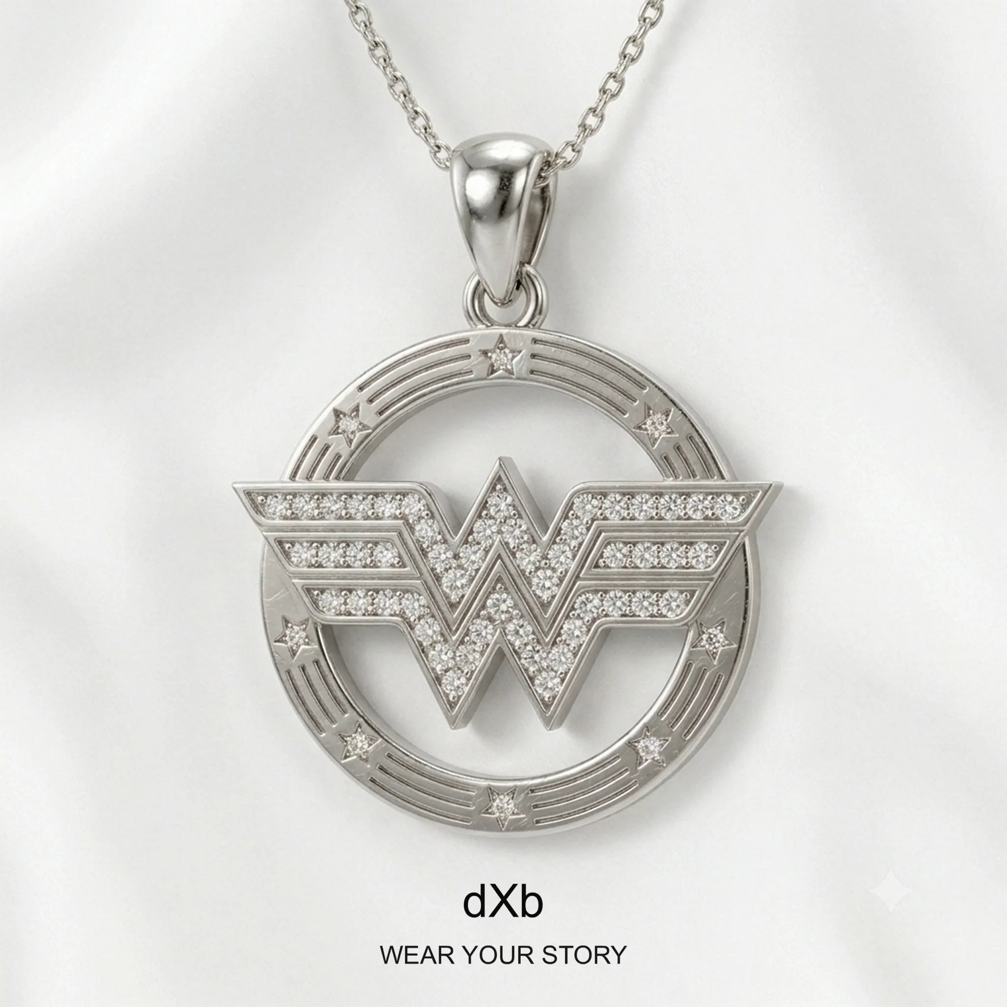 14k Gold Symbolic Diamond Pendant in High Polished White Gold, 35° depth view