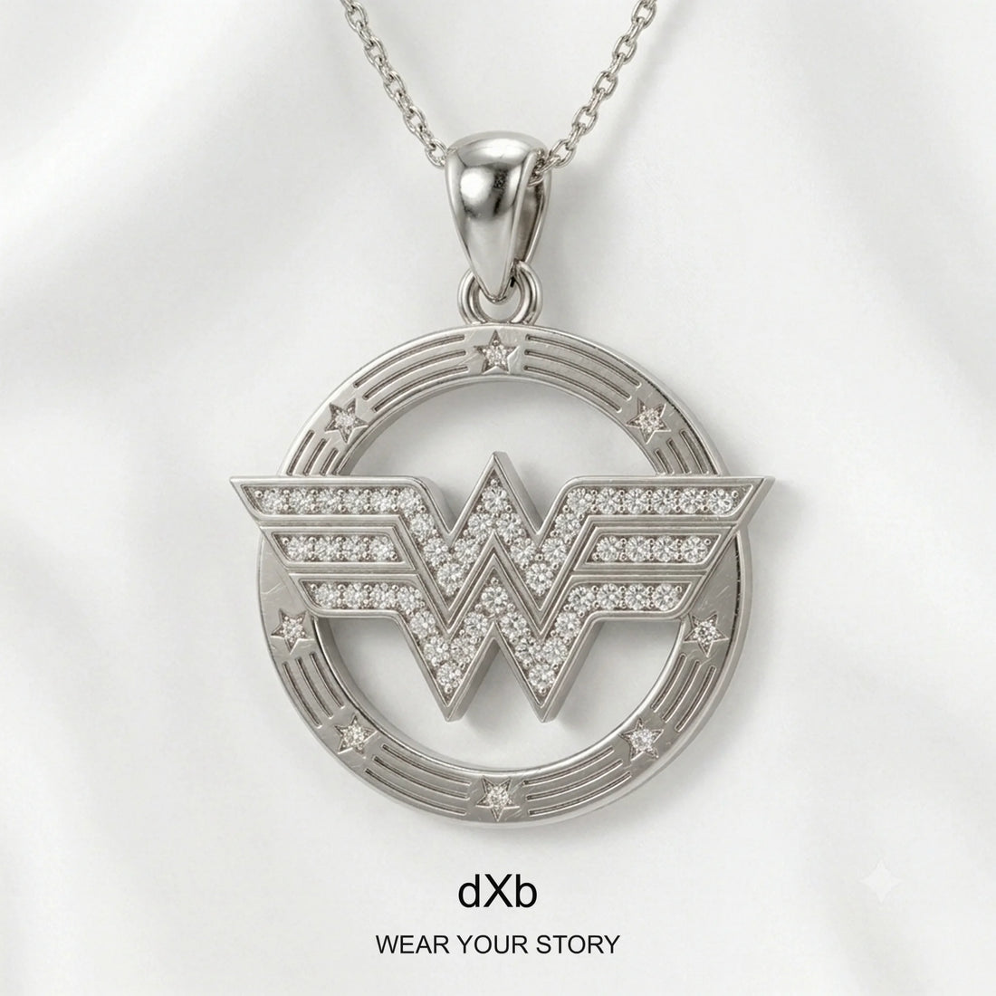 14k Gold Symbolic Diamond Pendant in High Polished White Gold, 35° depth view
