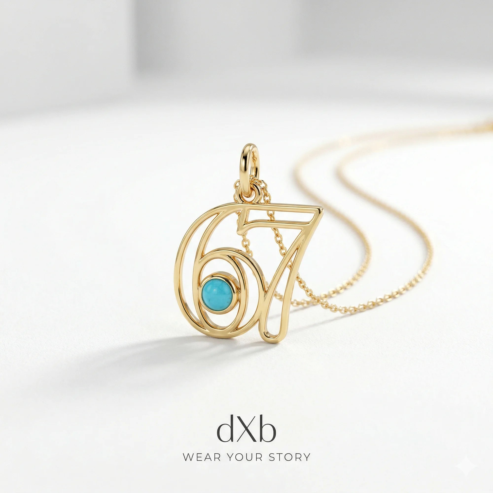 14k yellow gold turquoise round number pendant, minimalist pendant