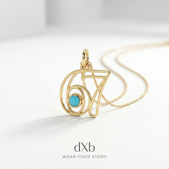 14k yellow gold turquoise round number pendant, minimalist pendant