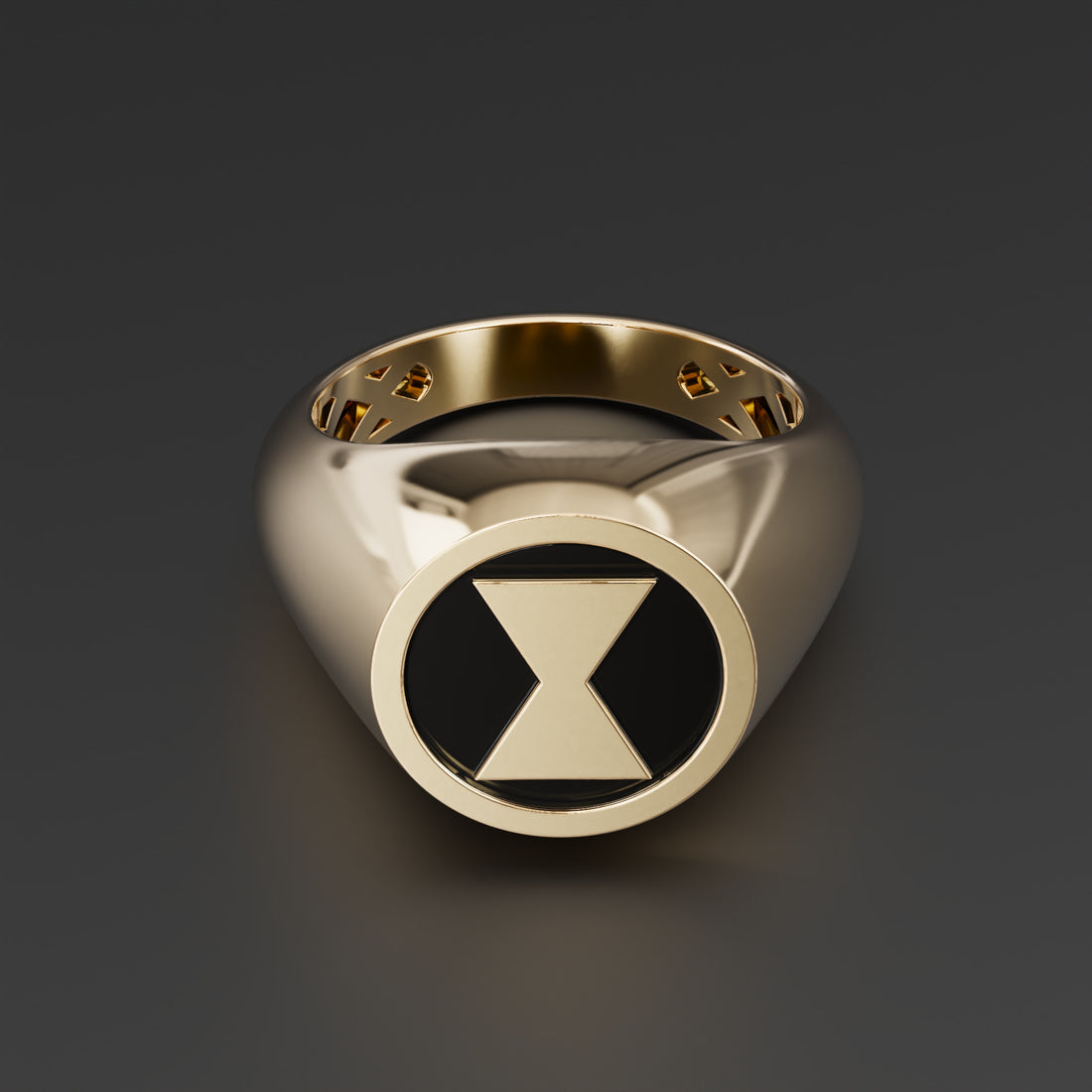 Marvel Black Widow Hourglass Signet Ring - 14k Yellow Gold, 14k White Gold, and Silver with Black Shiny Epoxy