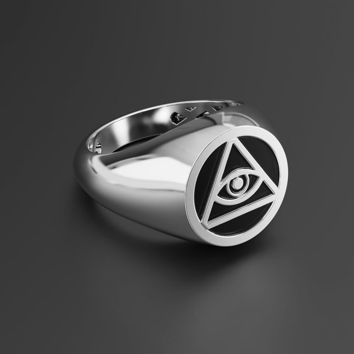 Eye of God Pyramid Signet Ring - Statement Punk Ring for Men in Silver, 14k Gold, and Black Epoxy