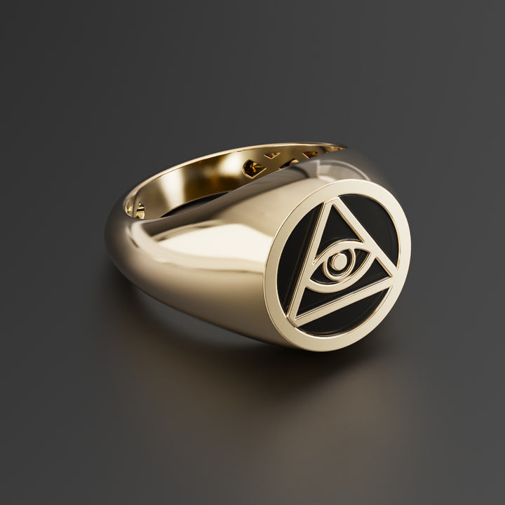 Eye of God Pyramid Signet Ring - Statement Punk Ring for Men in Silver, 14k Gold, and Black Epoxy