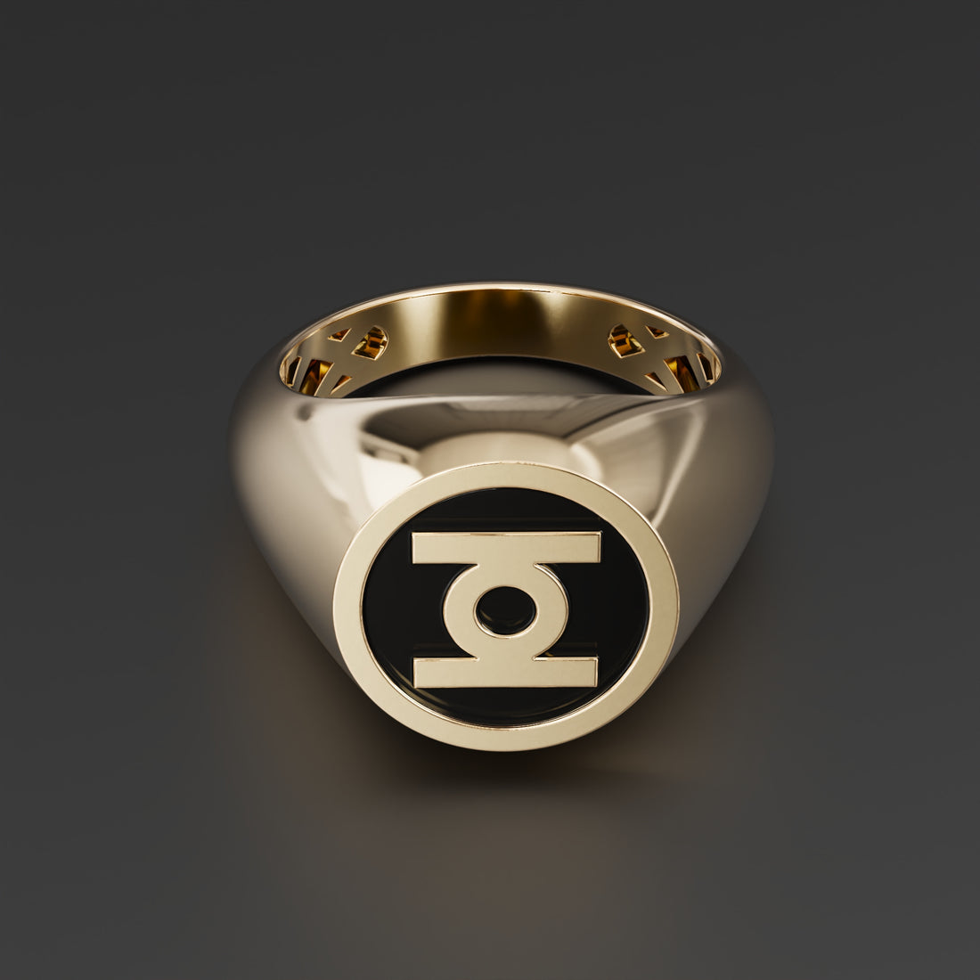 Green Lantern DC Symbol Signet Ring in Sterling Silver, 14k Yellow Gold, 14k White Gold with Black Shiny Epoxy