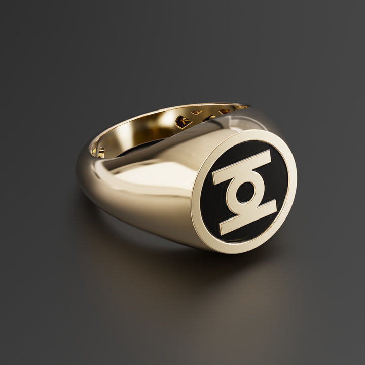 Green Lantern DC Symbol Signet Ring in Sterling Silver, 14k Yellow Gold, 14k White Gold with Black Shiny Epoxy