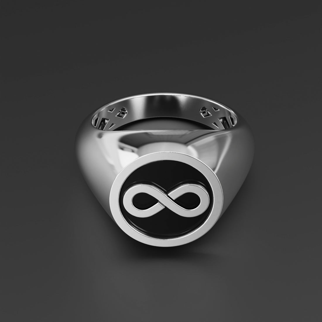 Infinity Symbol Signet Ring in Sterling Silver, 14k Yellow Gold, 14k White Gold with Black Shiny Epoxy