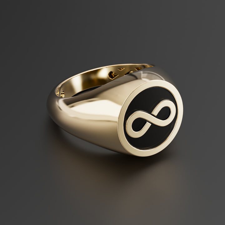 Infinity Symbol Signet Ring in Sterling Silver, 14k Yellow Gold, 14k White Gold with Black Shiny Epoxy