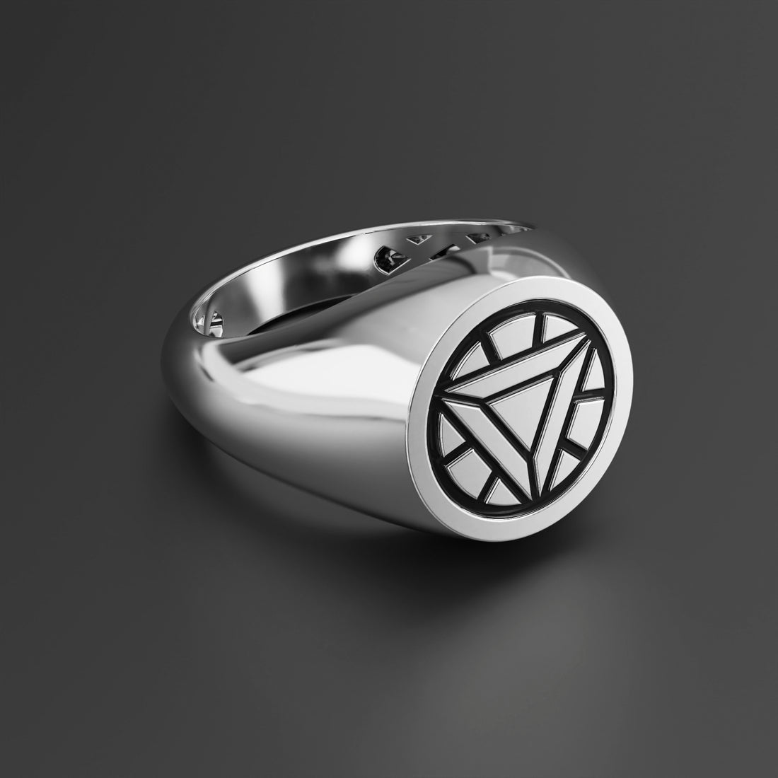 Arc Reactor Iron Man Signet Ring in Sterling Silver, 14k Yellow Gold, 14k White Gold with Black Shiny Epoxy