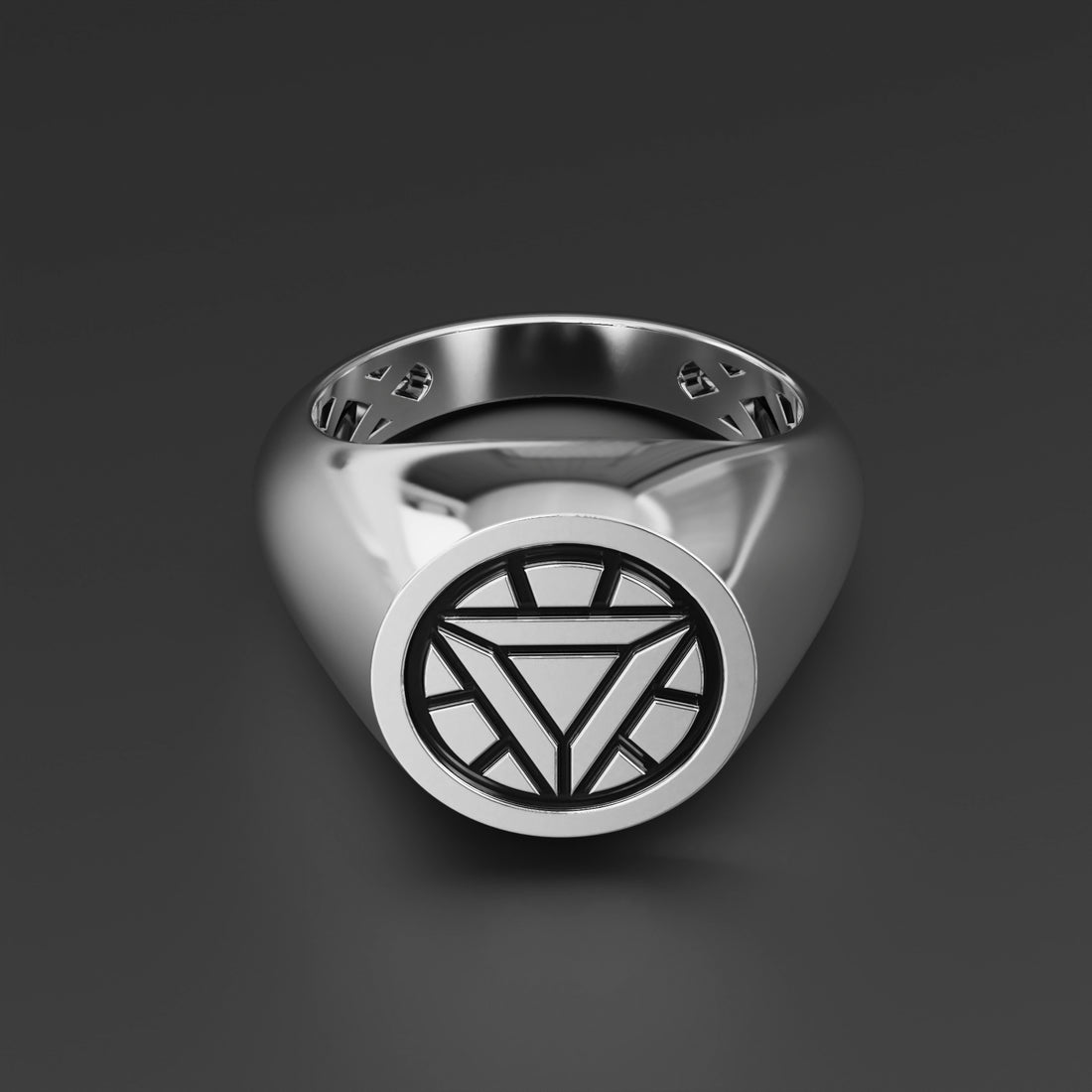 Arc Reactor Iron Man Signet Ring in Sterling Silver, 14k Yellow Gold, 14k White Gold with Black Shiny Epoxy