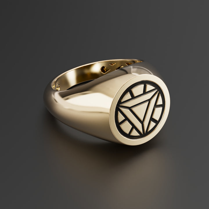 Arc Reactor Iron Man Signet Ring in Sterling Silver, 14k Yellow Gold, 14k White Gold with Black Shiny Epoxy