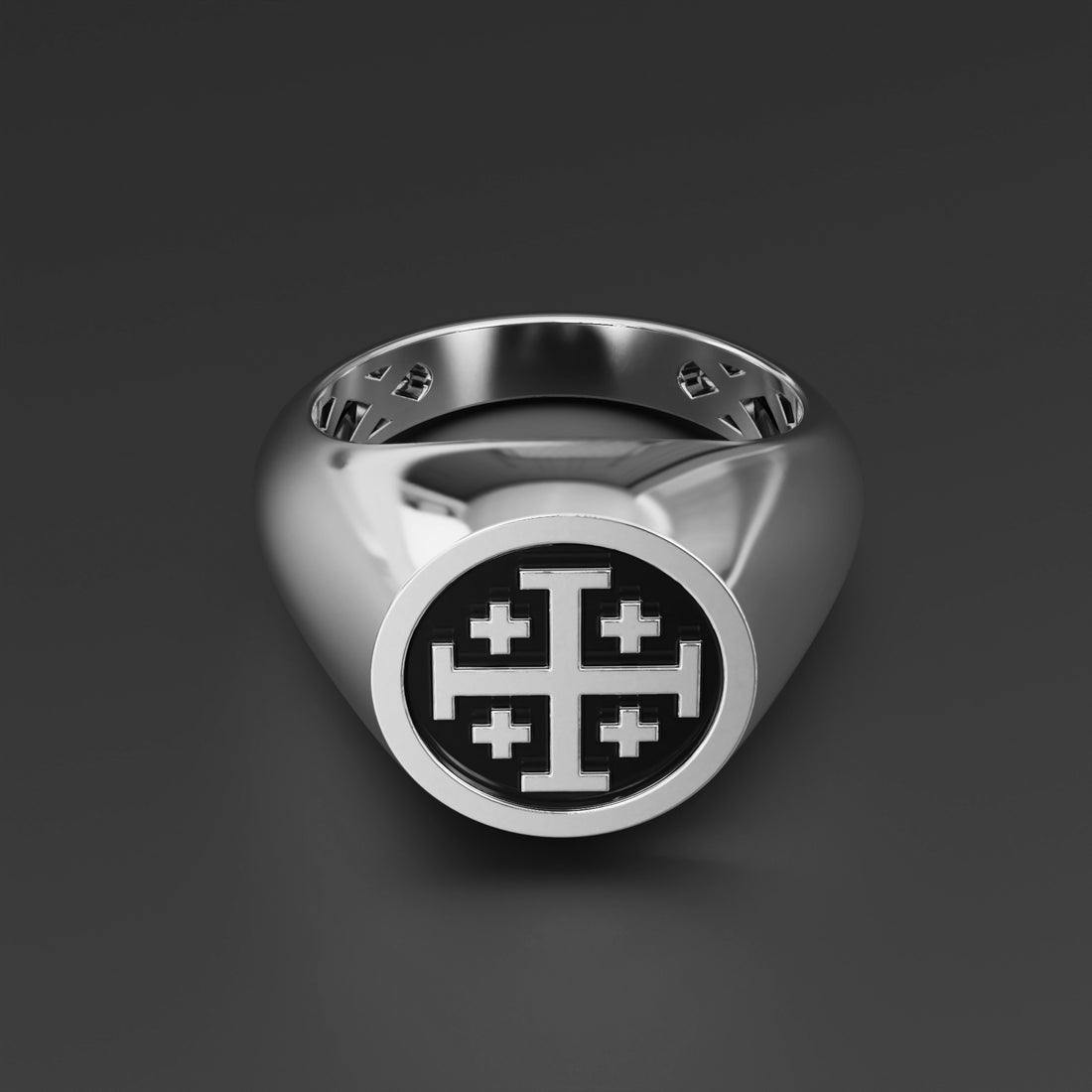 Jerusalem Cross Signet Ring in Sterling Silver, 14k Yellow Gold, 14k White Gold with Black Shiny Epoxy - Christian Faith Jewelry for Men