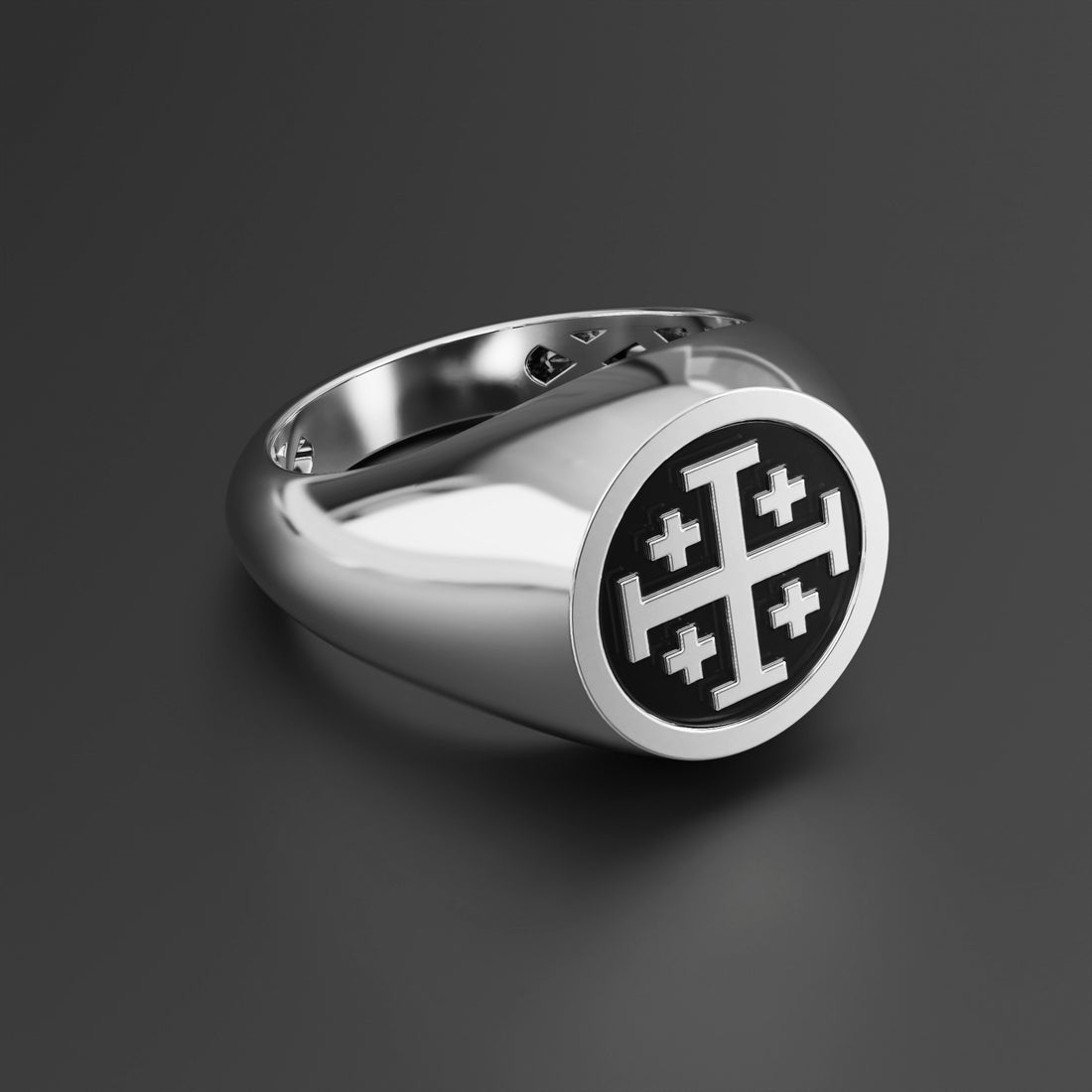 Jerusalem Cross Signet Ring in Sterling Silver, 14k Yellow Gold, 14k White Gold with Black Shiny Epoxy - Christian Faith Jewelry for Men