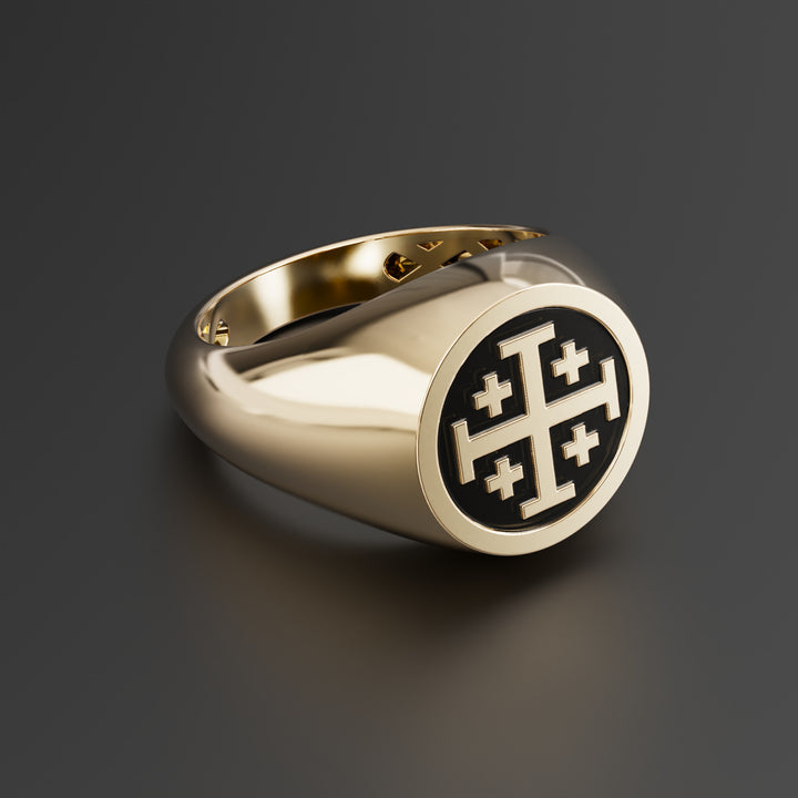 Jerusalem Cross Signet Ring in Sterling Silver, 14k Yellow Gold, 14k White Gold with Black Shiny Epoxy - Christian Faith Jewelry for Men