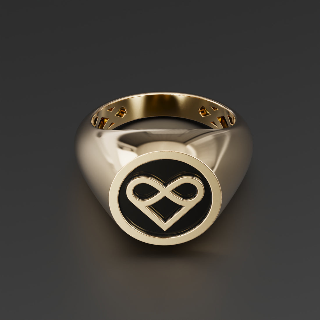 Love Infinity Signet Ring in Sterling Silver, 14k Yellow Gold, 14k White Gold with Black Shiny Epoxy - Symbolic Love and Eternity Jewelry