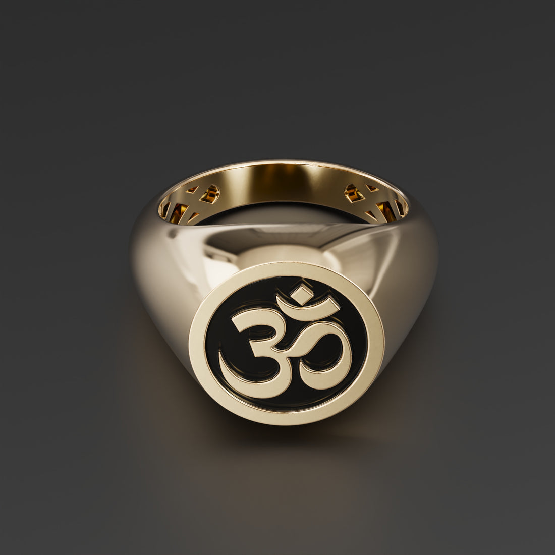 Om Hinduism Signet Ring in Sterling Silver, 14k Yellow Gold, 14k White Gold with Black Shiny Epoxy - Symbolic Spiritual Jewelry