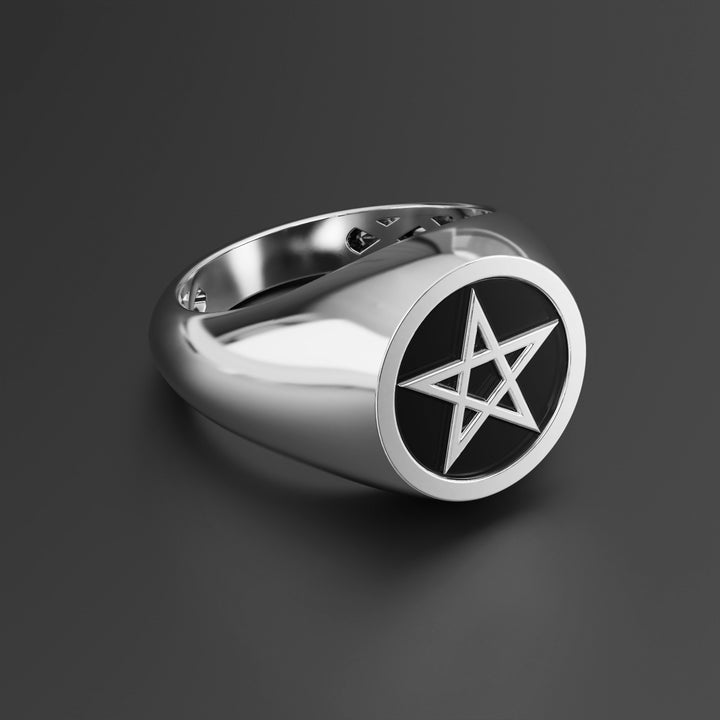 Wiccan Pentagram Star Signet Ring in Sterling Silver, 14k Yellow Gold, 14k White Gold with Black Shiny Epoxy