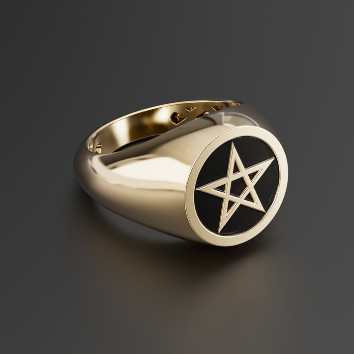 Wiccan Pentagram Star Signet Ring in Sterling Silver, 14k Yellow Gold, 14k White Gold with Black Shiny Epoxy