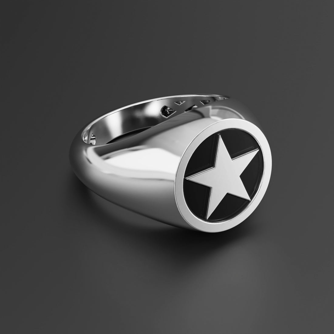 Gothic Pentagram Star Signet Ring in Sterling Silver, 14k Yellow Gold, 14k White Gold with Black Shiny Epoxy