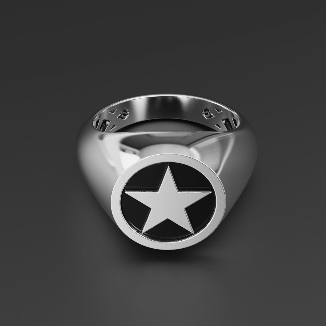 Gothic Pentagram Star Signet Ring in Sterling Silver, 14k Yellow Gold, 14k White Gold with Black Shiny Epoxy