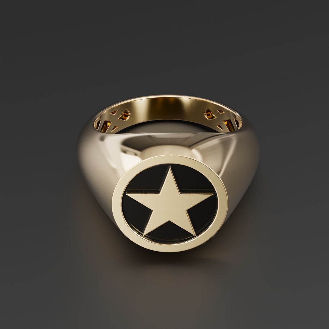 Gothic Pentagram Star Signet Ring in Sterling Silver, 14k Yellow Gold, 14k White Gold with Black Shiny Epoxy