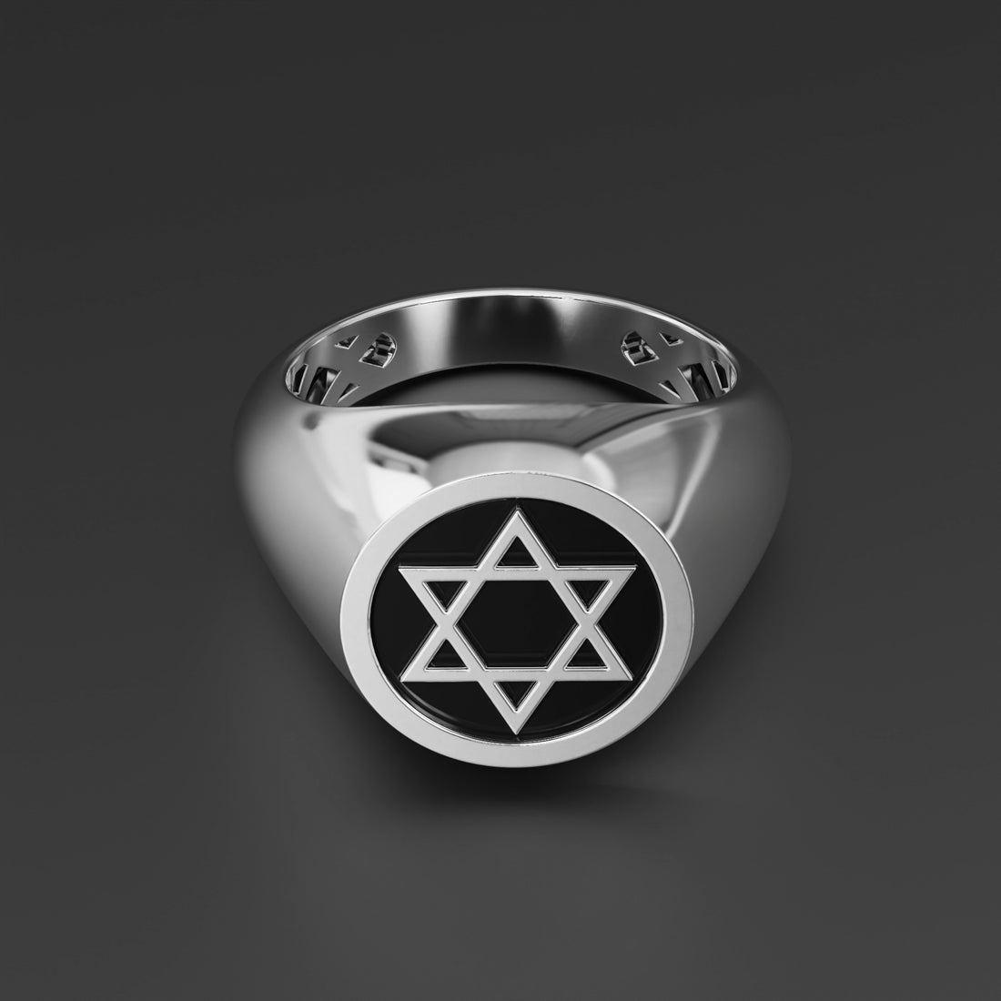 Shatkona Star Signet Ring in Sterling Silver, Yellow Gold, White Gold with Black Shiny Epoxy - Symbol of Divine Union