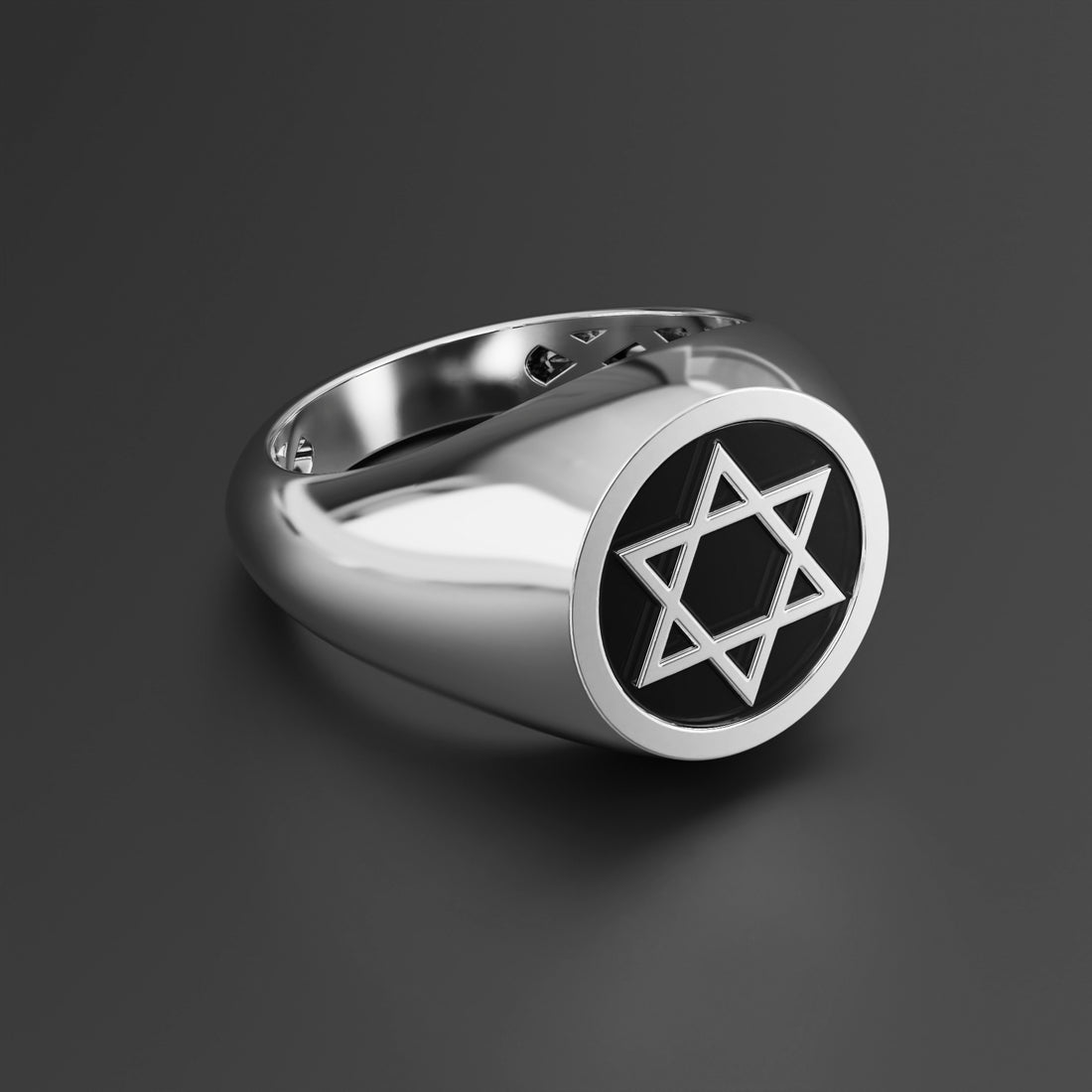 Shatkona Star Signet Ring in Sterling Silver, Yellow Gold, White Gold with Black Shiny Epoxy - Symbol of Divine Union