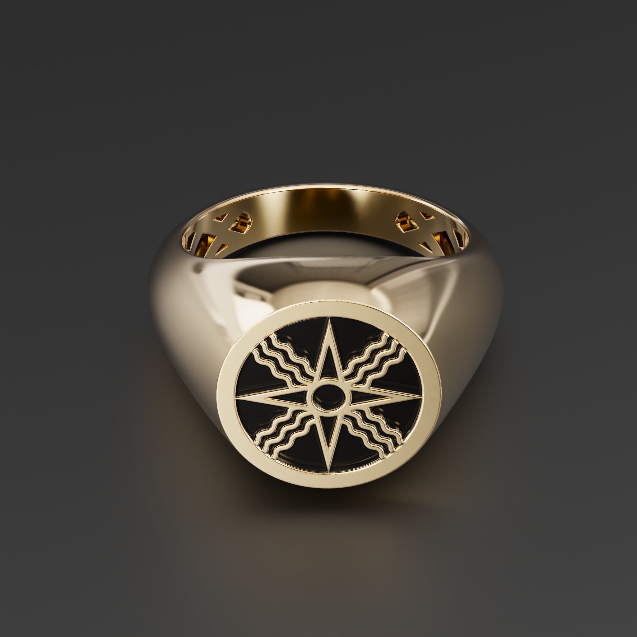 Star of Shamash Sun Signet Ring with Black Shiny Epoxy - Ancient Mesopotamian Sun Gold Ring