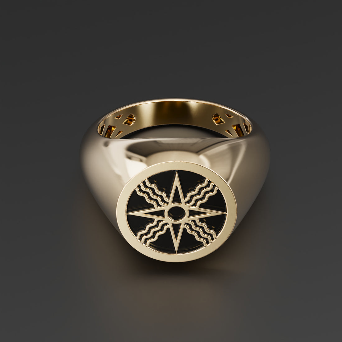 Star of Shamash Sun Signet Ring with Black Shiny Epoxy - Ancient Mesopotamian Sun Gold Ring