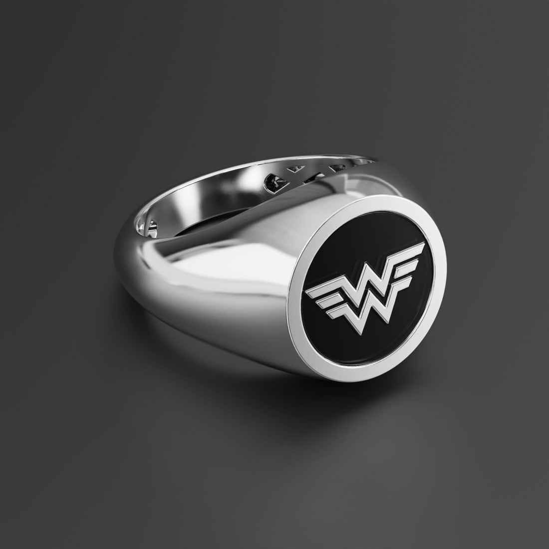 Wonder Woman Signet Ring in Sterling Silver, 14k Yellow Gold, 14k White Gold with Black Shiny Epoxy - Superhero Jewelry for Fans