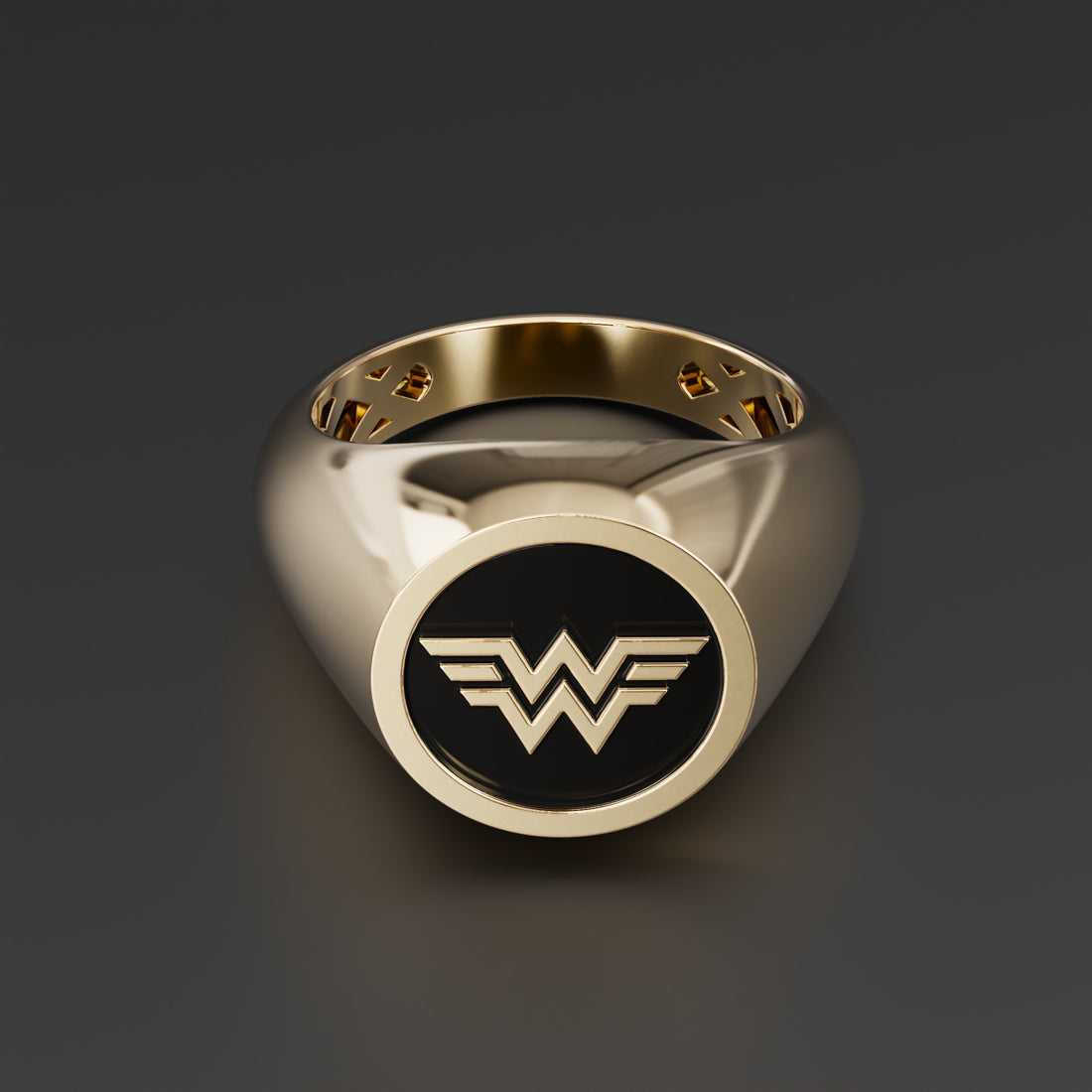 Wonder Woman Signet Ring in Sterling Silver, 14k Yellow Gold, 14k White Gold with Black Shiny Epoxy - Superhero Jewelry for Fans