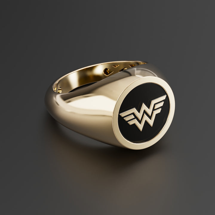 Wonder Woman Signet Ring in Sterling Silver, 14k Yellow Gold, 14k White Gold with Black Shiny Epoxy - Superhero Jewelry for Fans