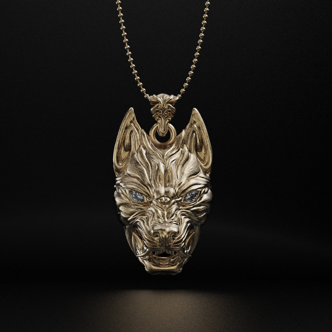 Anubis Wolf Necklace with Marquis Eyes, Available in Silver, Gold 14k and Platinum - Egyptian God Design