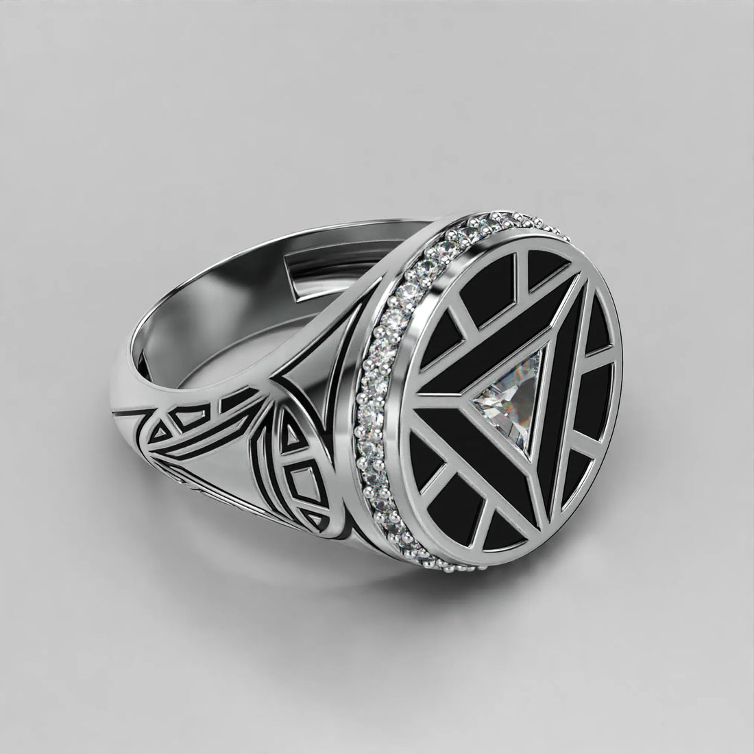 Arc Reactor-inspired Moissanite Signet Ring in Platinum