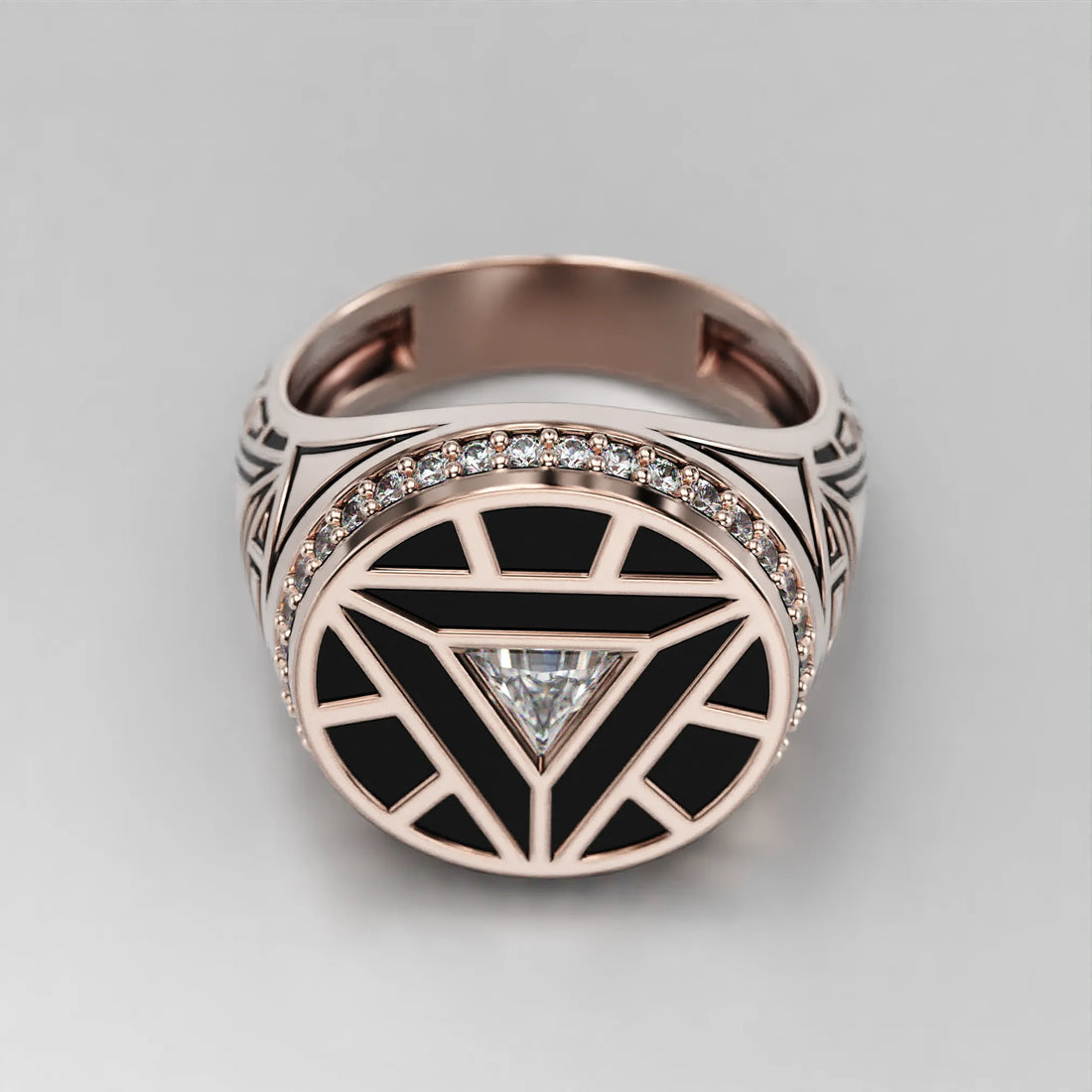 Arc Reactor-inspired Moissanite Signet Ring in 14k Gold (Rose)