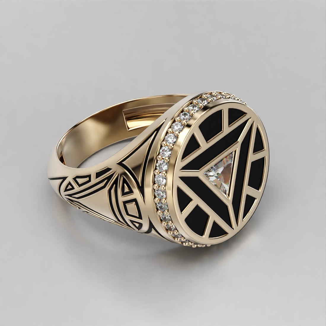 Arc Reactor-inspired Moissanite Signet Ring in 14k Gold (Yellow)