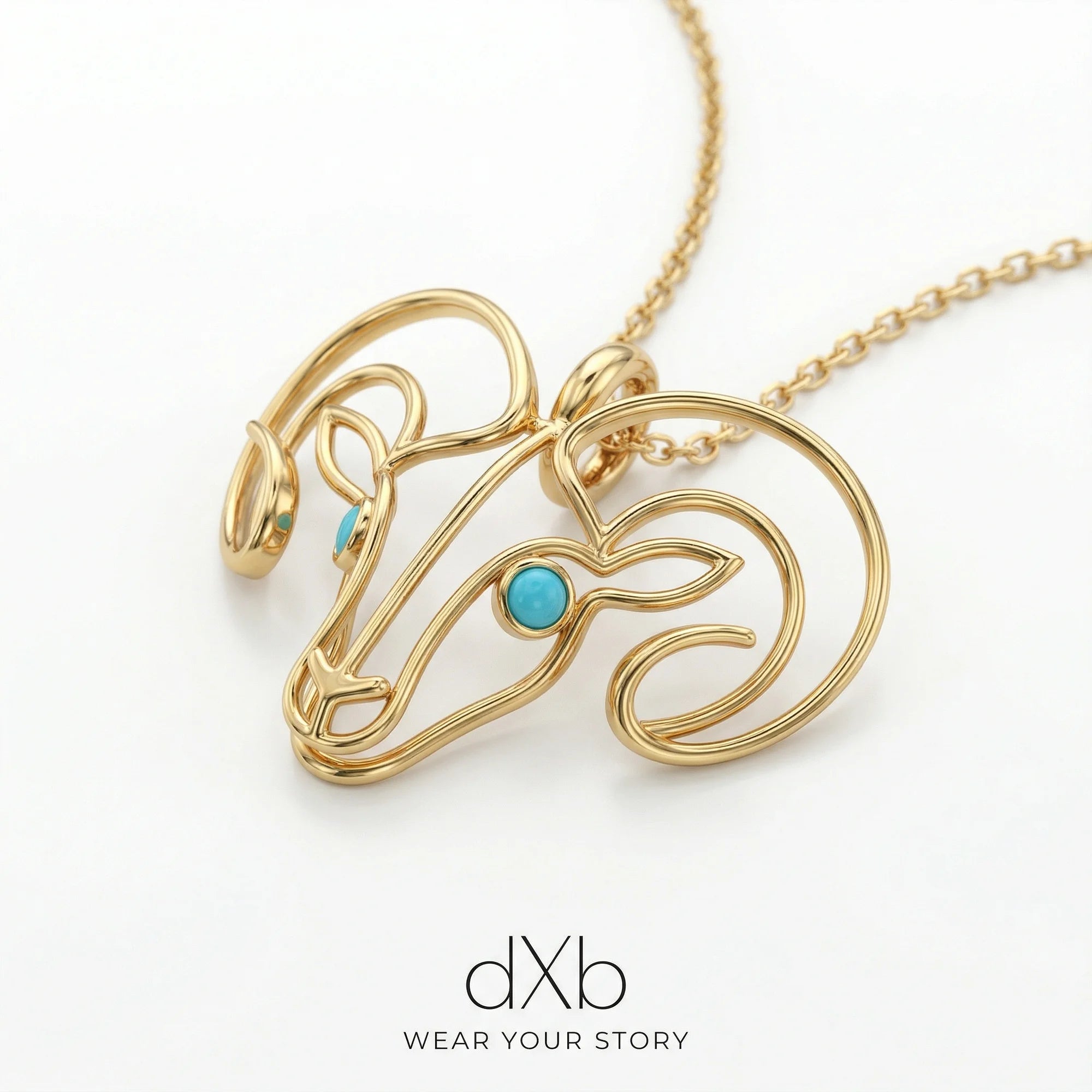 14k yellow gold turquoise round cabochon Aries zodiac ram outline pendant